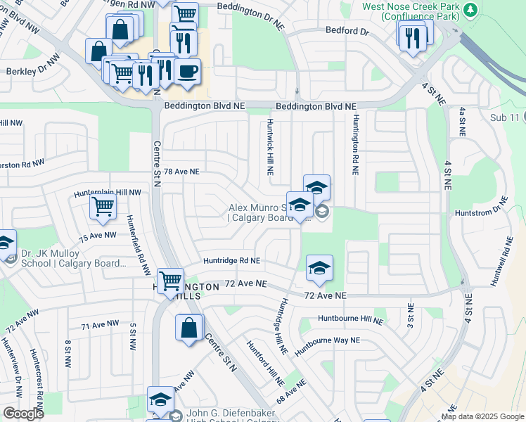 map of restaurants, bars, coffee shops, grocery stores, and more near 307 78 Avenue Northeast in Calgary