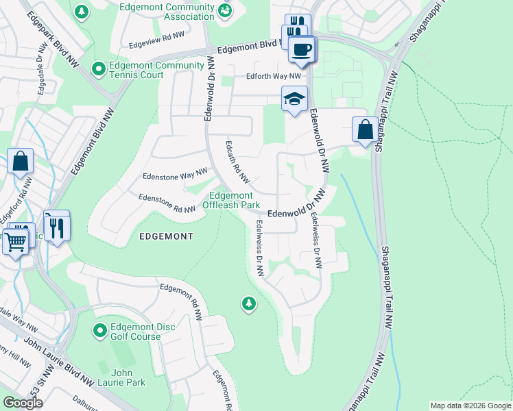 map of restaurants, bars, coffee shops, grocery stores, and more near 263 Edenwold Drive Northwest in Calgary