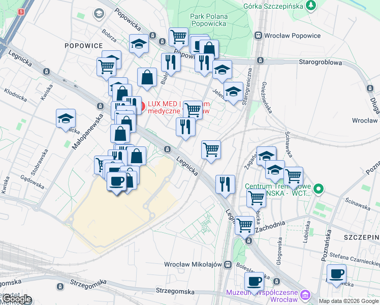 map of restaurants, bars, coffee shops, grocery stores, and more near 47 Legnicka in Wrocław