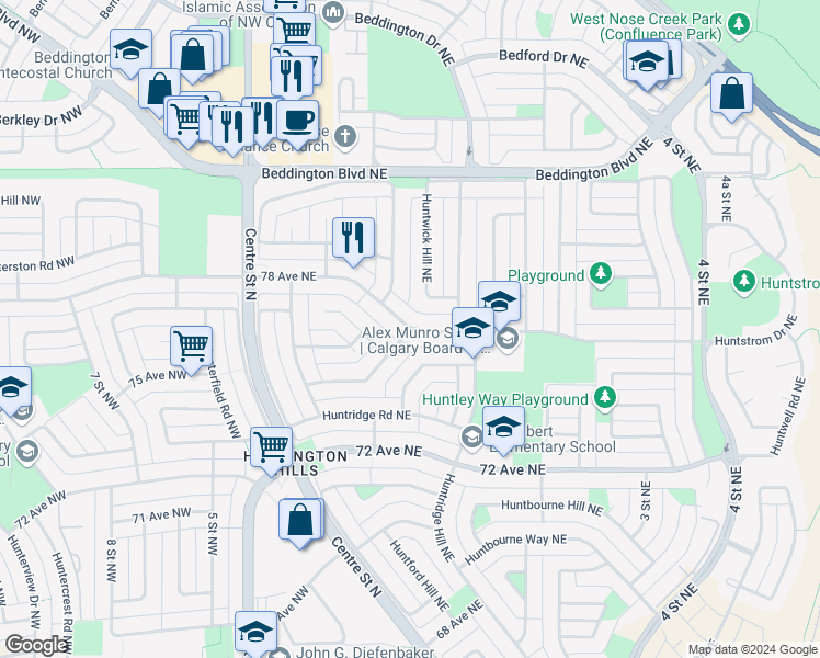 map of restaurants, bars, coffee shops, grocery stores, and more near 307 78 Avenue Northeast in Calgary