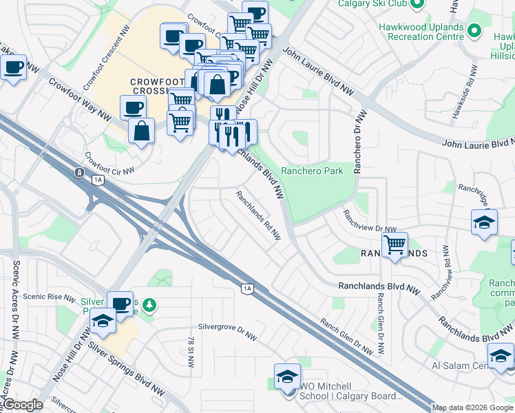 map of restaurants, bars, coffee shops, grocery stores, and more near 1506 Ranchlands Road Northwest in Calgary