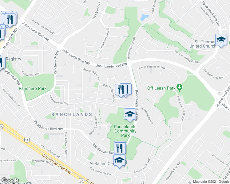 map of restaurants, bars, coffee shops, grocery stores, and more near 32 Ranchridge Road Northwest in Calgary