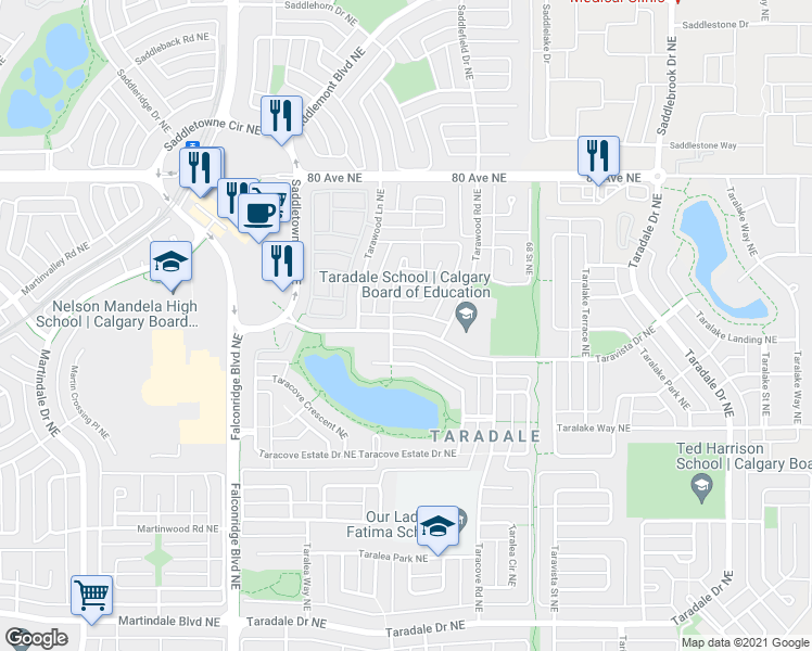 map of restaurants, bars, coffee shops, grocery stores, and more near 114 Taravista Drive Northeast in Calgary