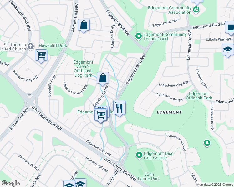 map of restaurants, bars, coffee shops, grocery stores, and more near 331 Edgehill Drive Northwest in Calgary