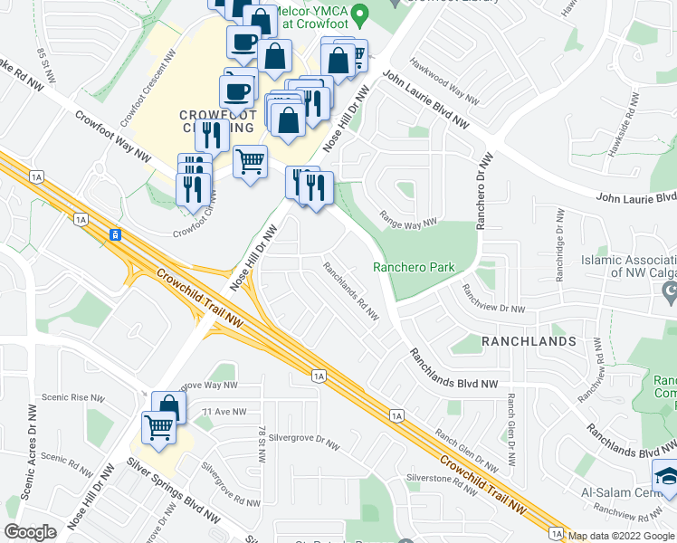 map of restaurants, bars, coffee shops, grocery stores, and more near 1506 Ranchlands Road Northwest in Calgary
