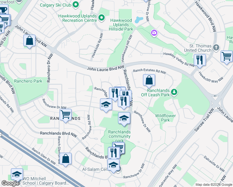 map of restaurants, bars, coffee shops, grocery stores, and more near 36 Ranchridge Crescent Northwest in Calgary