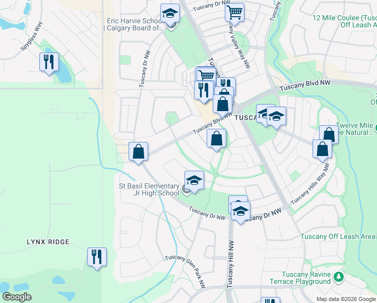 map of restaurants, bars, coffee shops, grocery stores, and more near 278 Tuscany Ridge Park Northwest in Calgary