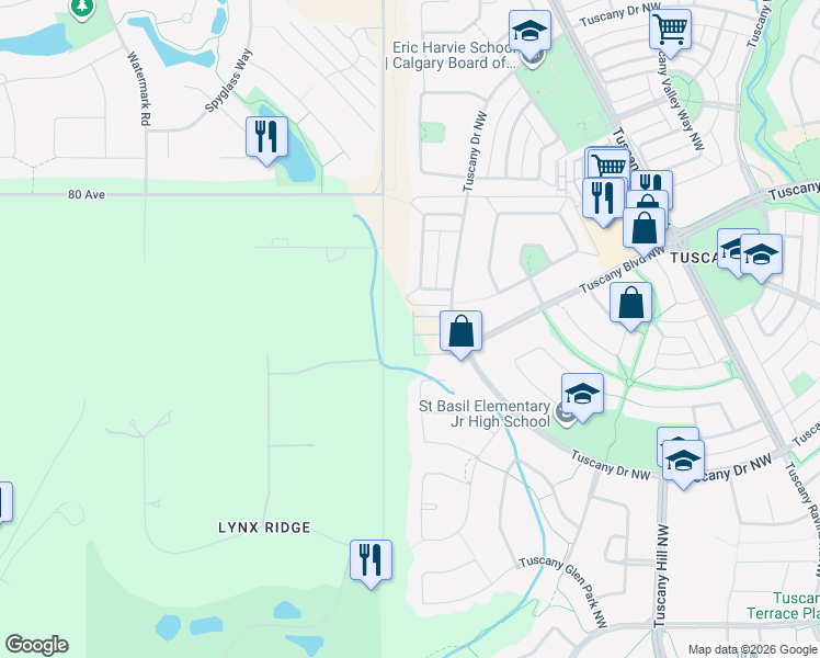 map of restaurants, bars, coffee shops, grocery stores, and more near 119 Toscana Gardens Northwest in Calgary
