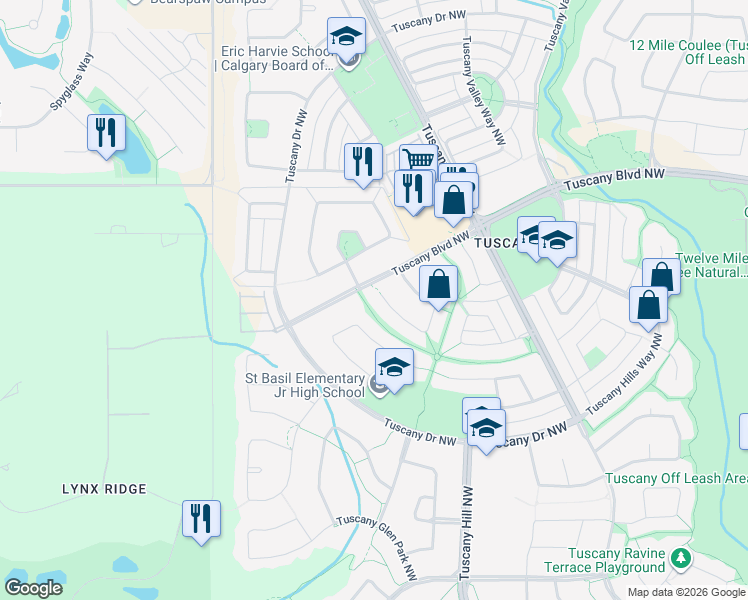 map of restaurants, bars, coffee shops, grocery stores, and more near 278 Tuscany Ridge Park Northwest in Calgary