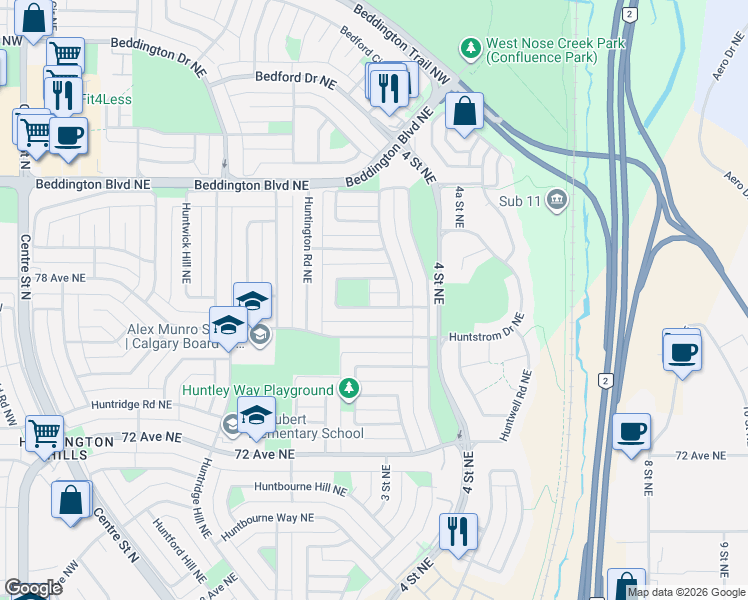 map of restaurants, bars, coffee shops, grocery stores, and more near 129 Huntington Green Northeast in Calgary