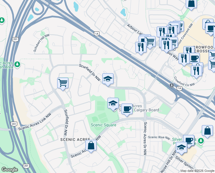map of restaurants, bars, coffee shops, grocery stores, and more near Scurfield Drive Northwest in Calgary