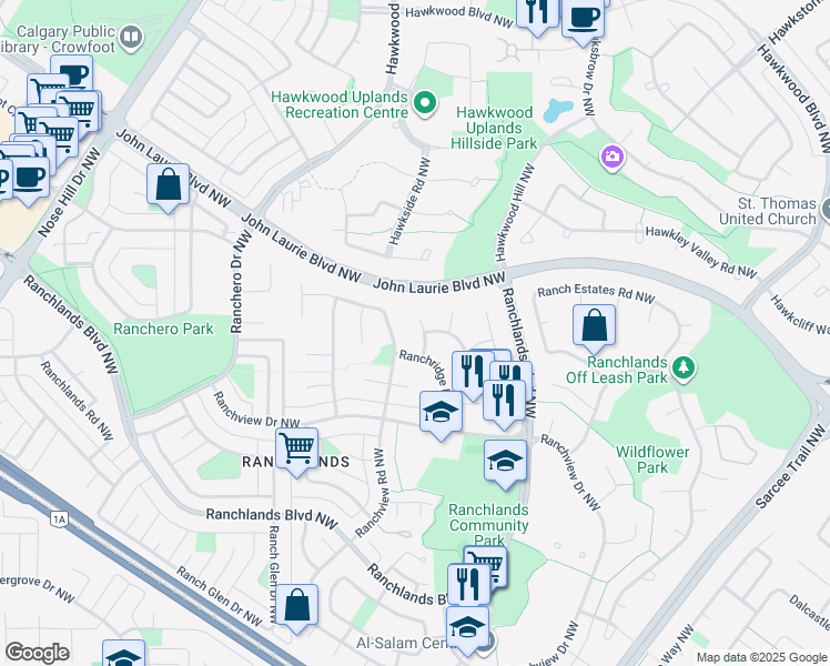 map of restaurants, bars, coffee shops, grocery stores, and more near 143 Ranchridge Bay Northwest in Calgary
