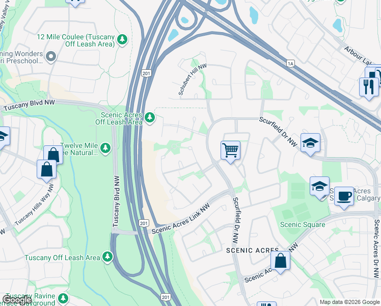 map of restaurants, bars, coffee shops, grocery stores, and more near 163 Schooner Cove Northwest in Calgary