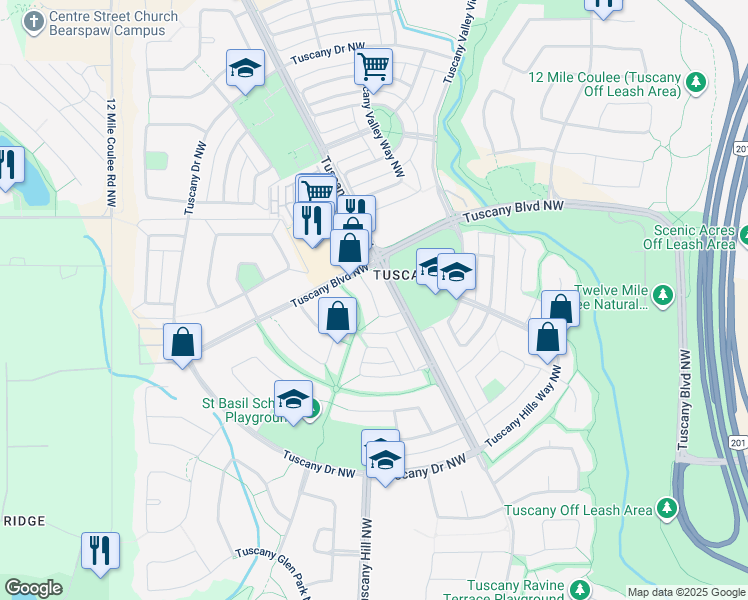 map of restaurants, bars, coffee shops, grocery stores, and more near Tuscany Village Court Northwest in Calgary
