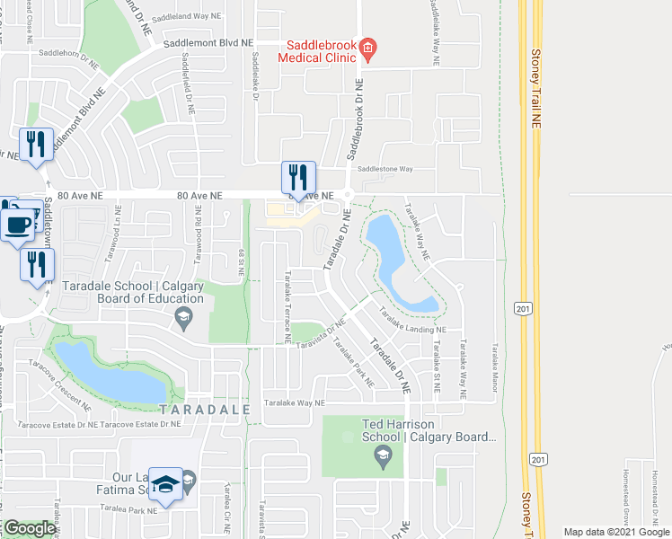 map of restaurants, bars, coffee shops, grocery stores, and more near 1109 Taradale Drive Northeast in Calgary