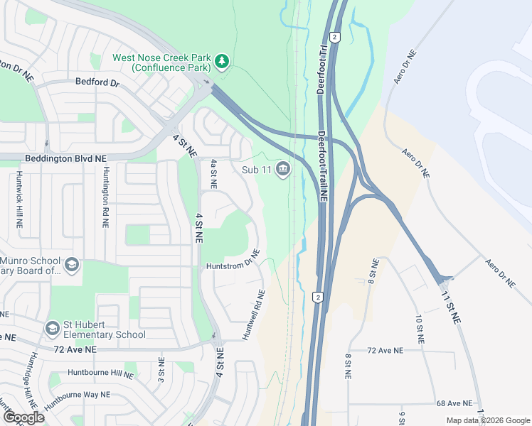 map of restaurants, bars, coffee shops, grocery stores, and more near 105R Huntstrom Drive Northeast in Calgary