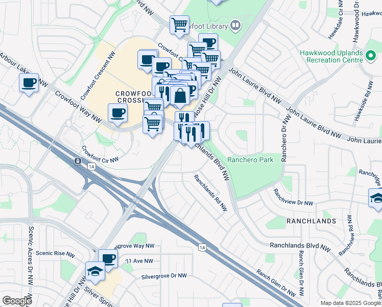 map of restaurants, bars, coffee shops, grocery stores, and more near 1829 Ranchlands Boulevard Northwest in Calgary