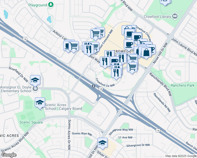 map of restaurants, bars, coffee shops, grocery stores, and more near 82 Crowfoot Circle Northwest in Calgary