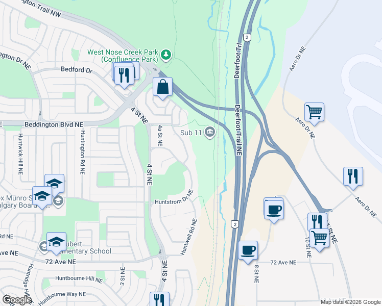 map of restaurants, bars, coffee shops, grocery stores, and more near 105 R Huntstrom Drive Northeast in Calgary