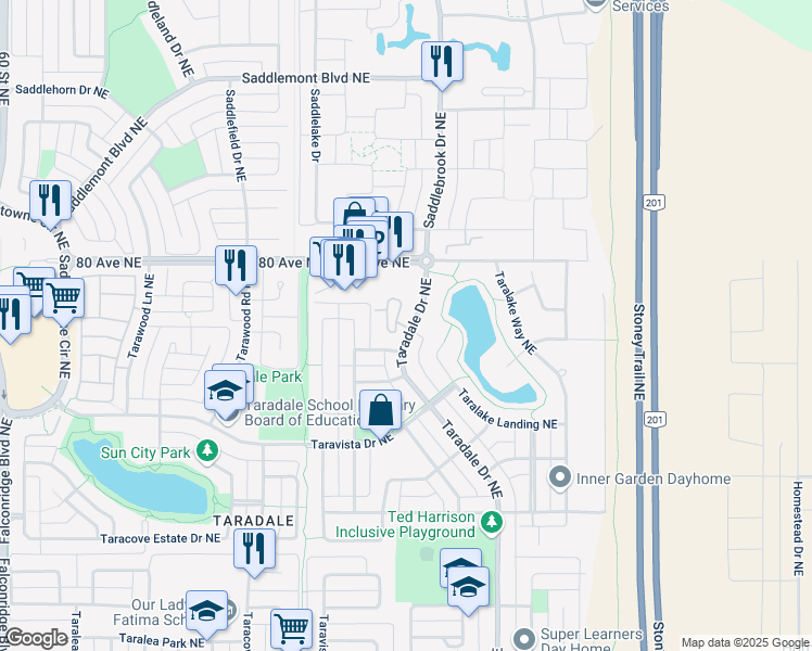 map of restaurants, bars, coffee shops, grocery stores, and more near 1109 Taradale Drive Northeast in Calgary