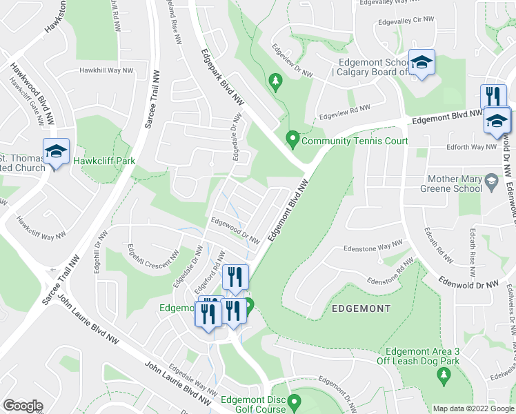 map of restaurants, bars, coffee shops, grocery stores, and more near Edgewood Rise Northwest in Calgary