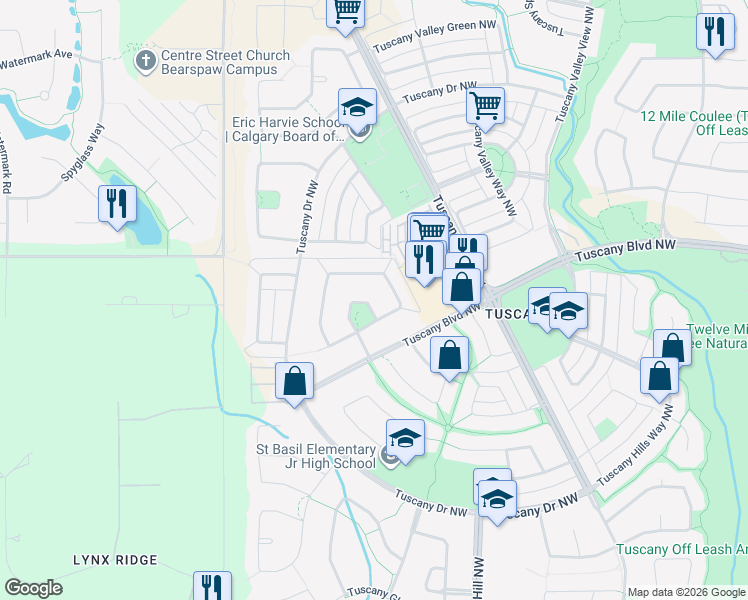 map of restaurants, bars, coffee shops, grocery stores, and more near 72 Tuscany Ridge Green Northwest in Calgary