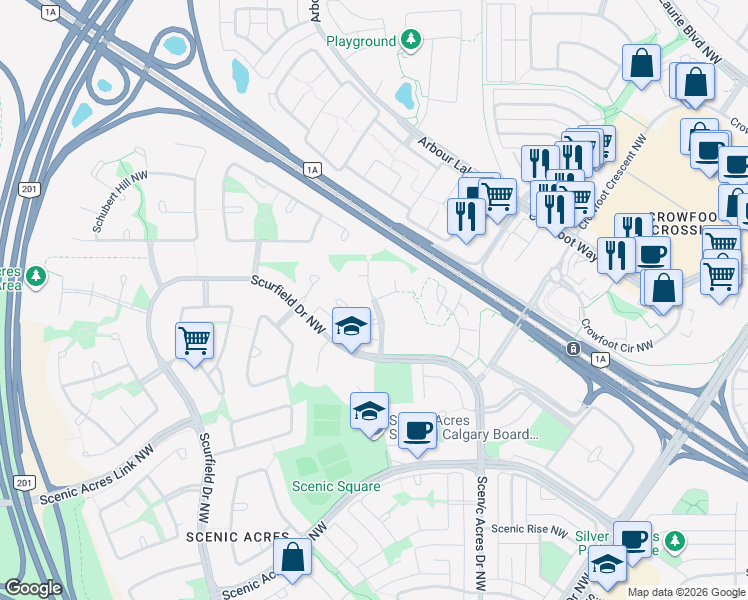 map of restaurants, bars, coffee shops, grocery stores, and more near Scotia Point Northwest in Calgary