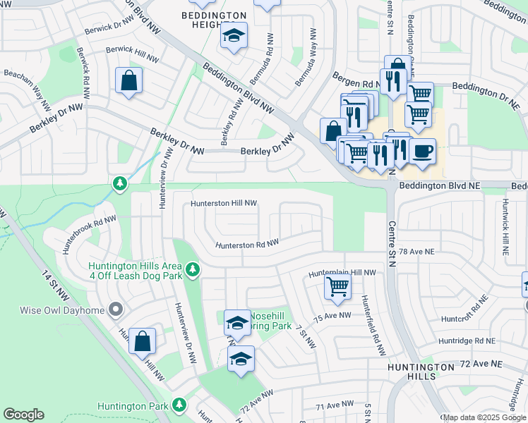 map of restaurants, bars, coffee shops, grocery stores, and more near 936 Hunterston Hill Northwest in Calgary