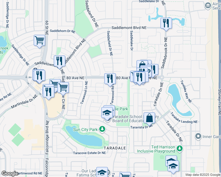 map of restaurants, bars, coffee shops, grocery stores, and more near 139 Tarawood Road Northeast in Calgary