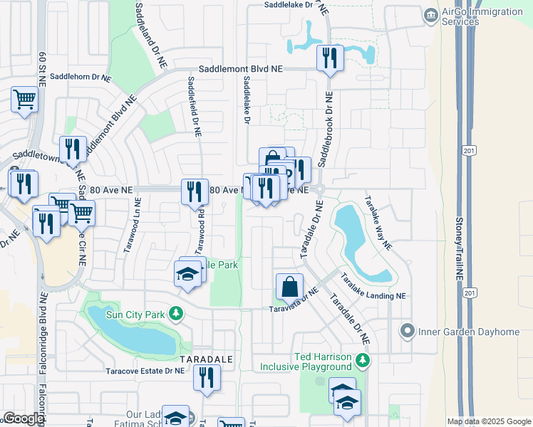 map of restaurants, bars, coffee shops, grocery stores, and more near 7171 80 Avenue Northeast in Calgary