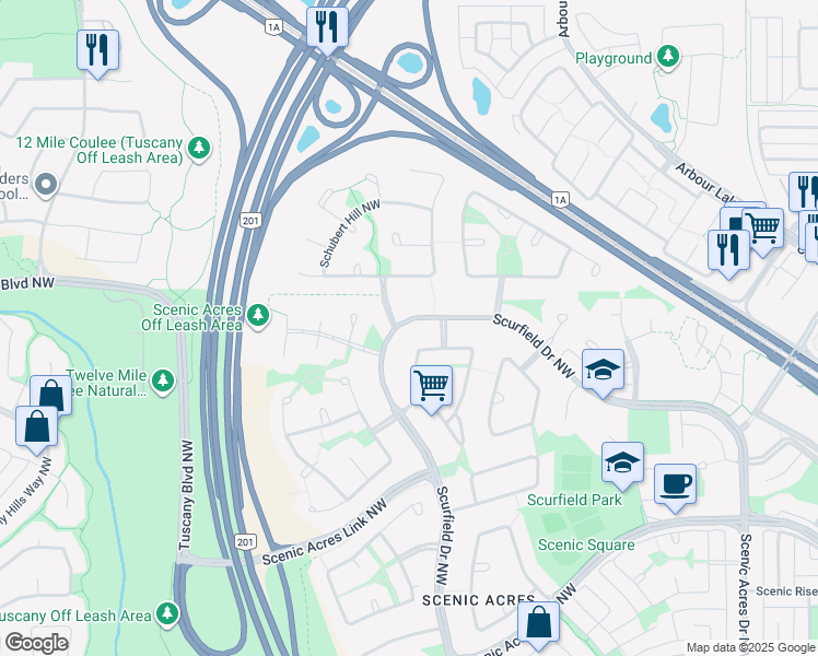 map of restaurants, bars, coffee shops, grocery stores, and more near 9083 Scurfield Drive Northwest in Calgary