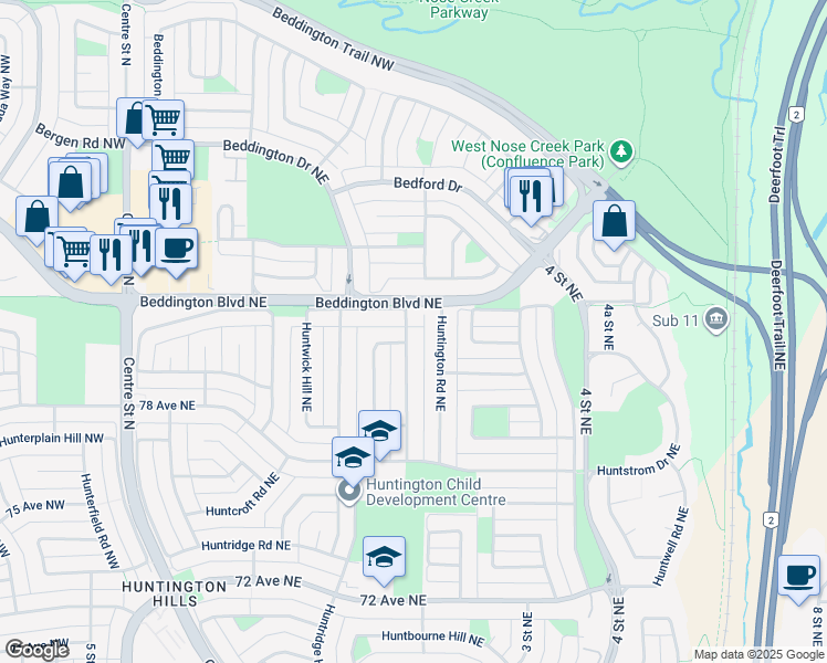 map of restaurants, bars, coffee shops, grocery stores, and more near 127 Huntwick Way Northeast in Calgary