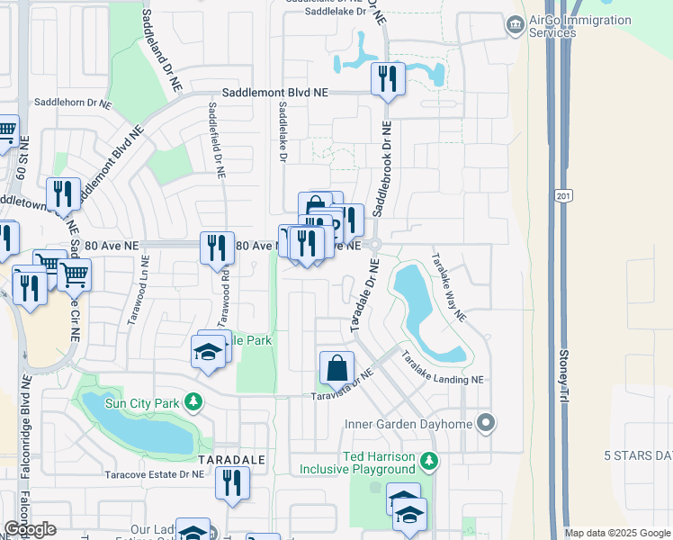 map of restaurants, bars, coffee shops, grocery stores, and more near 7171 80 Avenue Northeast in Calgary