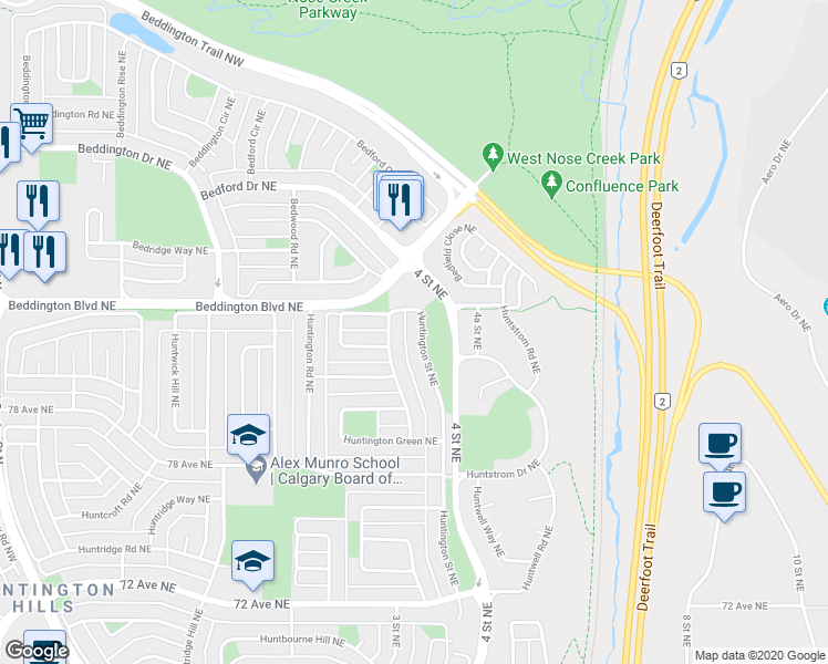 map of restaurants, bars, coffee shops, grocery stores, and more near 8051 Huntington Street Northeast in Calgary