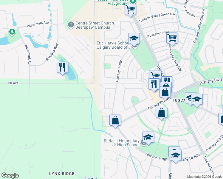 map of restaurants, bars, coffee shops, grocery stores, and more near 164 Tuscany Ridge Terrace Northwest in Calgary