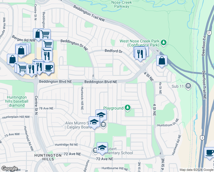 map of restaurants, bars, coffee shops, grocery stores, and more near 127 Huntwick Way Northeast in Calgary