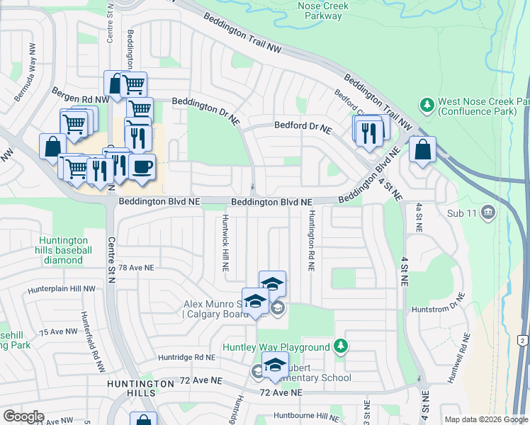 map of restaurants, bars, coffee shops, grocery stores, and more near 8039 Huntwick Crescent Northeast in Calgary