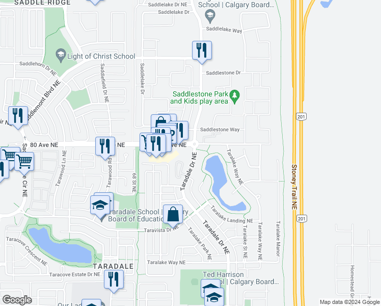 map of restaurants, bars, coffee shops, grocery stores, and more near 1180 Taradale Drive Northeast in Calgary