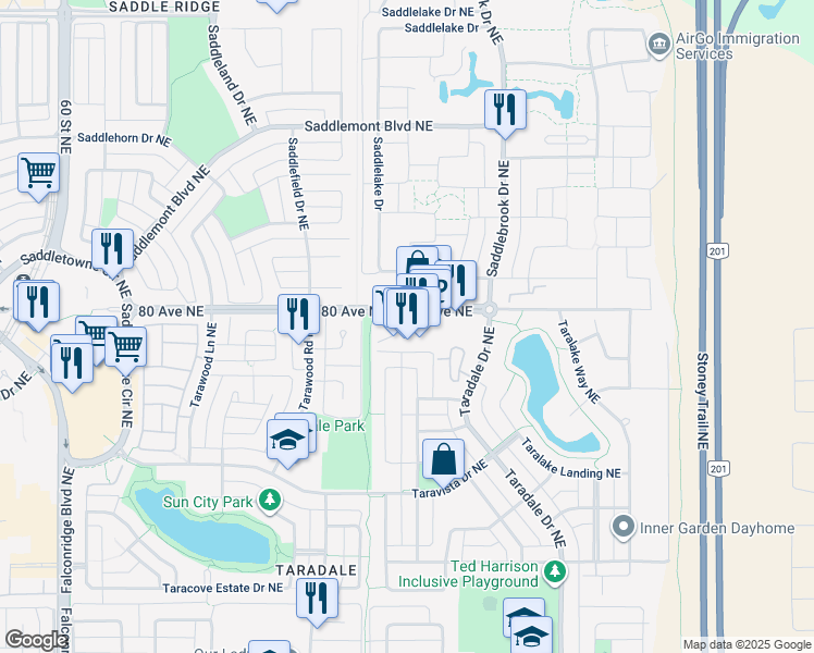 map of restaurants, bars, coffee shops, grocery stores, and more near 7171 80 Avenue Northeast in Calgary