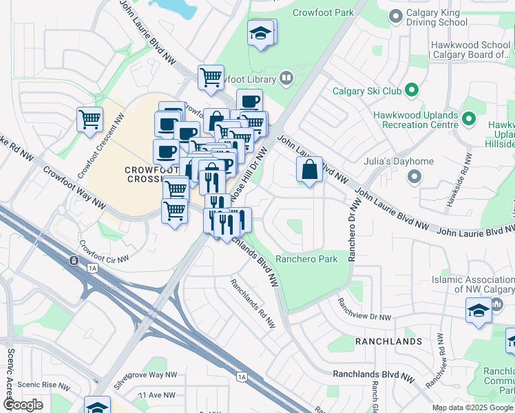 map of restaurants, bars, coffee shops, grocery stores, and more near Storybook Terrace Northwest in Calgary