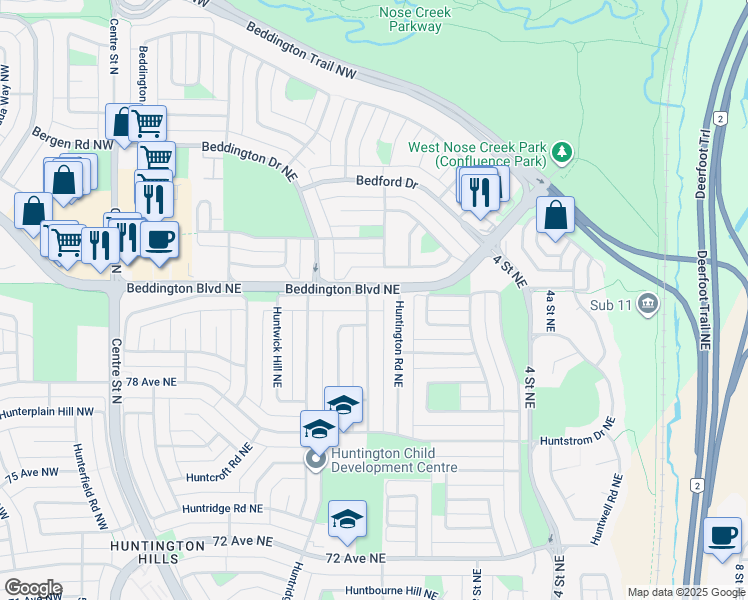 map of restaurants, bars, coffee shops, grocery stores, and more near 127 Huntwick Way Northeast in Calgary