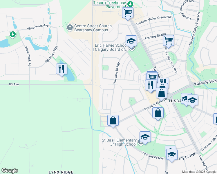 map of restaurants, bars, coffee shops, grocery stores, and more near 164 Tuscany Ridge Terrace Northwest in Calgary