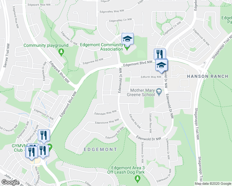 map of restaurants, bars, coffee shops, grocery stores, and more near 199 Edendale Way Northwest in Calgary