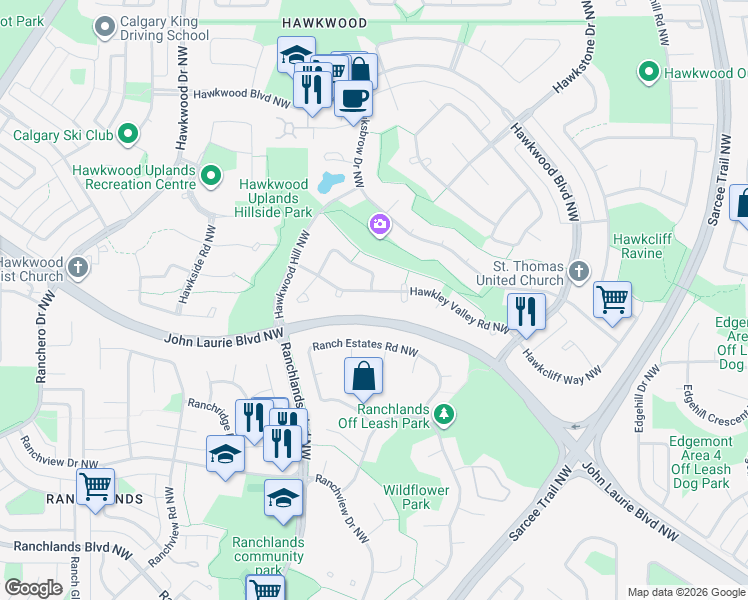 map of restaurants, bars, coffee shops, grocery stores, and more near 99 Hawkley Valley Road Northwest in Calgary