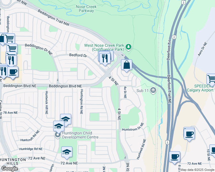 map of restaurants, bars, coffee shops, grocery stores, and more near 8051 Huntington Street Northeast in Calgary