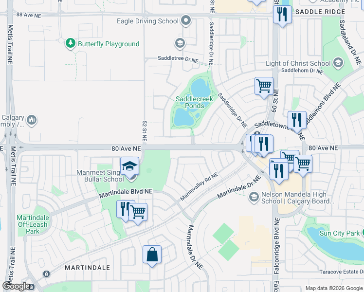 map of restaurants, bars, coffee shops, grocery stores, and more near 80 Avenue Northeast in Calgary