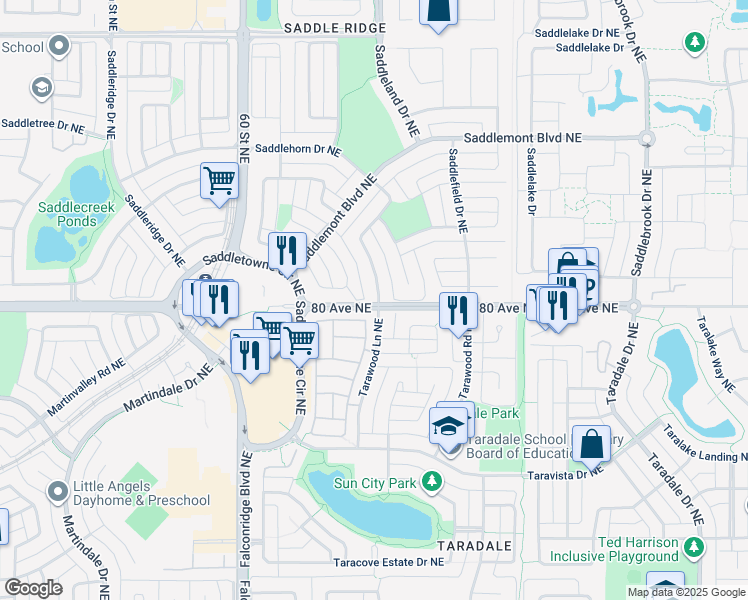 map of restaurants, bars, coffee shops, grocery stores, and more near 7 Saddlemont Way Northeast in Calgary