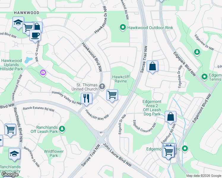 map of restaurants, bars, coffee shops, grocery stores, and more near 179 Hawkcliff Way Northwest in Calgary
