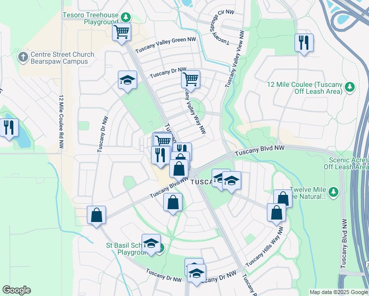 map of restaurants, bars, coffee shops, grocery stores, and more near 220 Tuscany Valley Way Northwest in Calgary