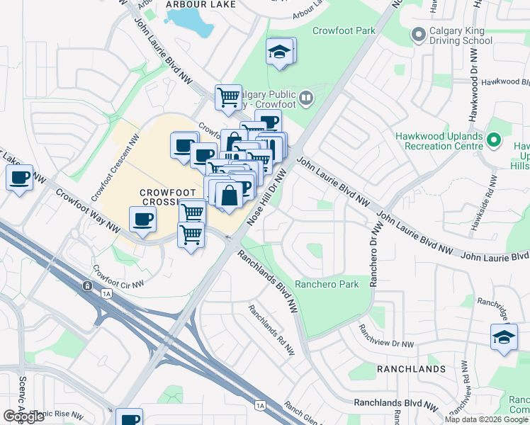 map of restaurants, bars, coffee shops, grocery stores, and more near 63 Storybook Gardens Northwest in Calgary